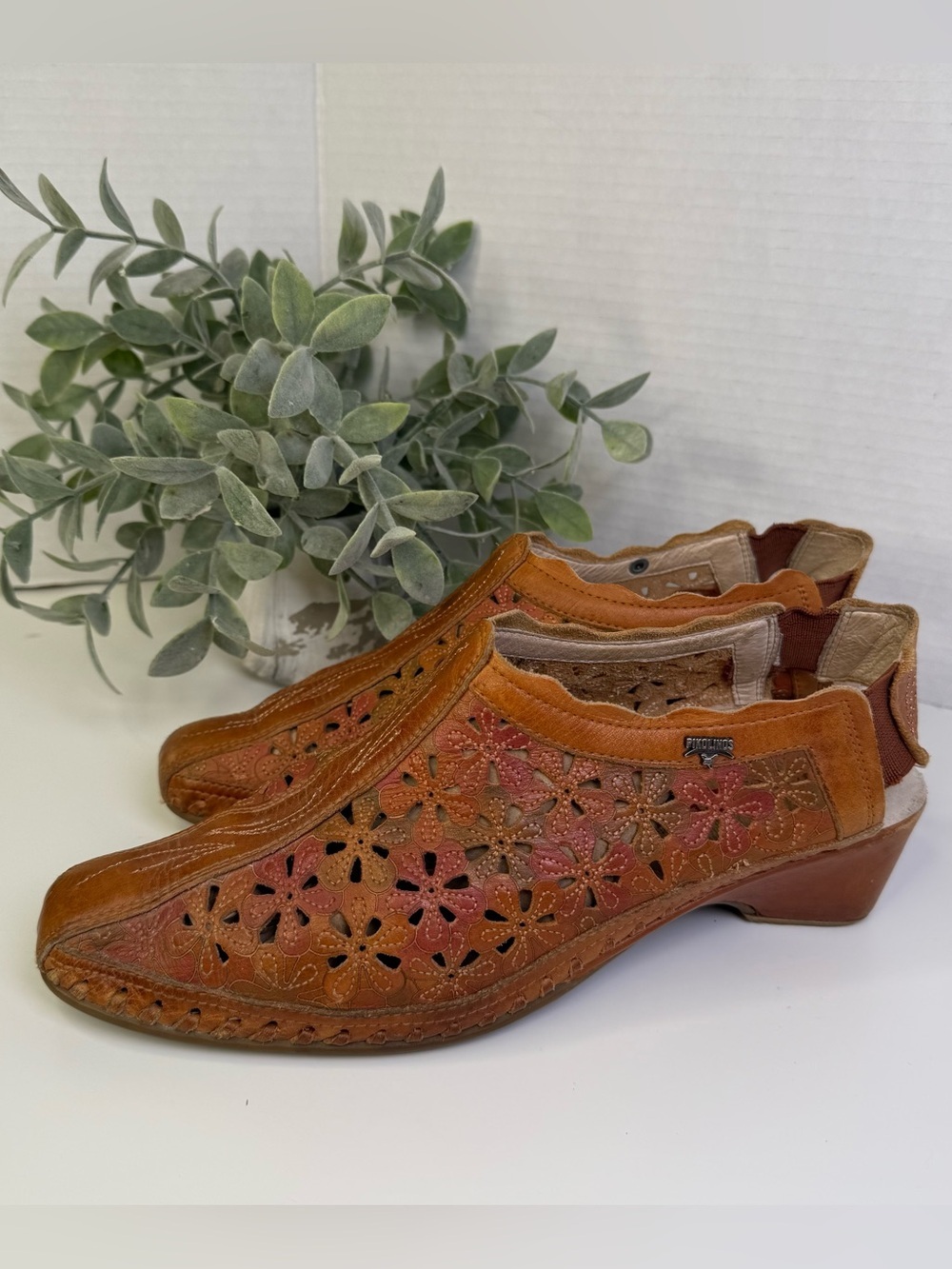 Pikolinos Romana Multitone Floral Leather Cut Out Brown Slip On Mules Size 38